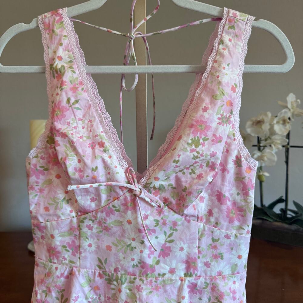 NWT Altar’d State Pink Floral Lace Trim Tie Back Mini Dress Small - Picture 3 of 9